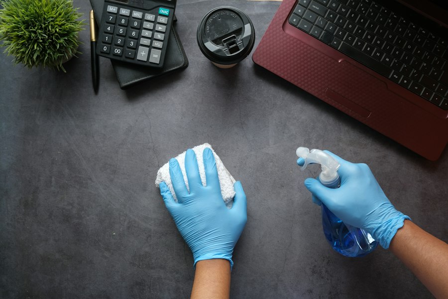 Eldivenli ellerle ofis masasının temizlenmesi